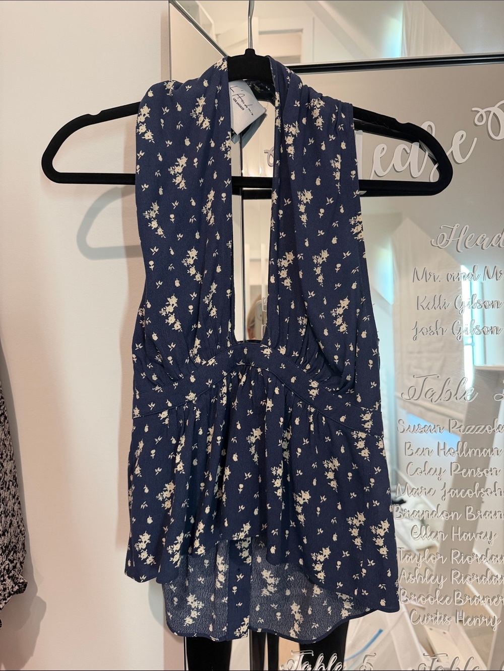 L'Academie Navy Floral Halter Peplum Camisole